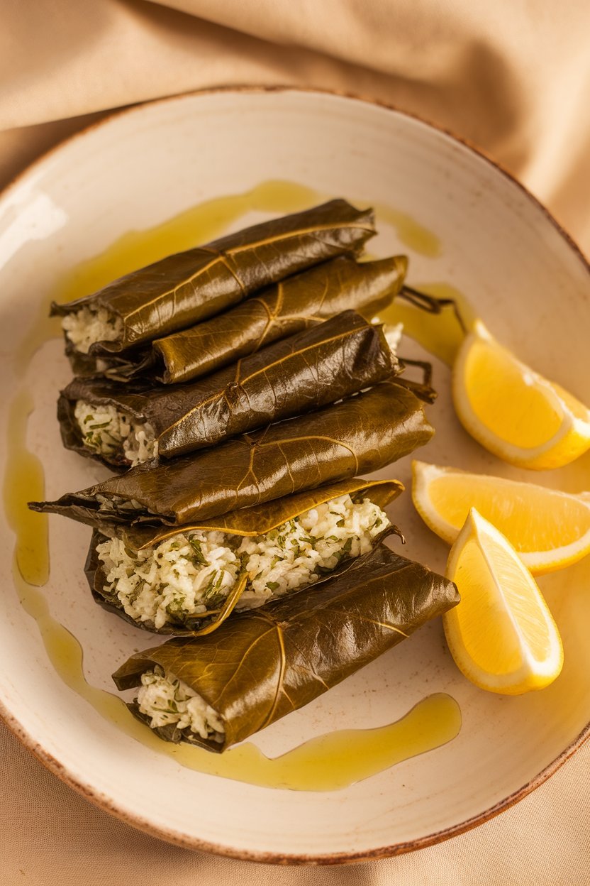 Indoor photo of a platter of grape leaves stuffed with herbed rice, lemon wedges on the side. No text or logos visible.