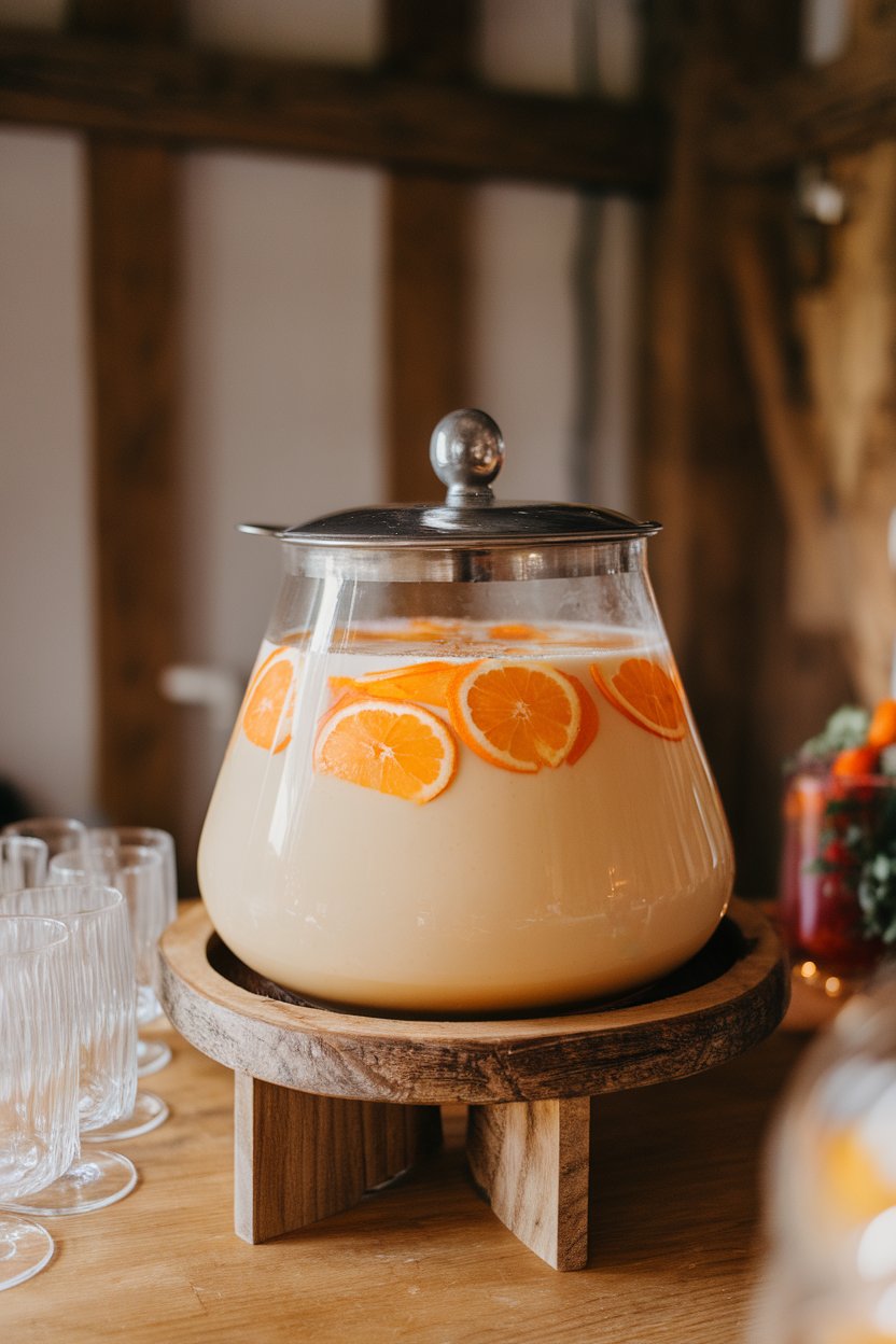 Photo of an indoor punch bowl filled with pale orange creamy liquid and floating orange slices; no text or logos present.