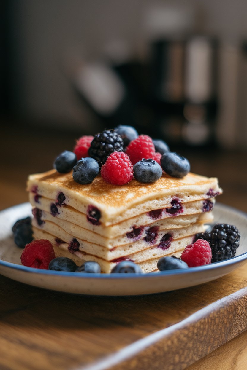 Pancake square loaded with blueberries, raspberries, and blackberries on a white plate, indoor natural light, no text or logos.