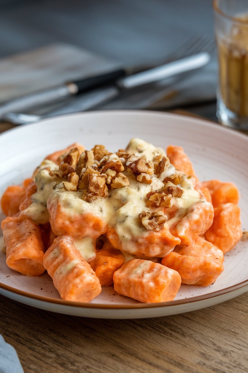 Indoor photo of orange sweet potato gnocchi covered in creamy Gorgonzola sauce, chopped walnuts sprinkled, no text or logos