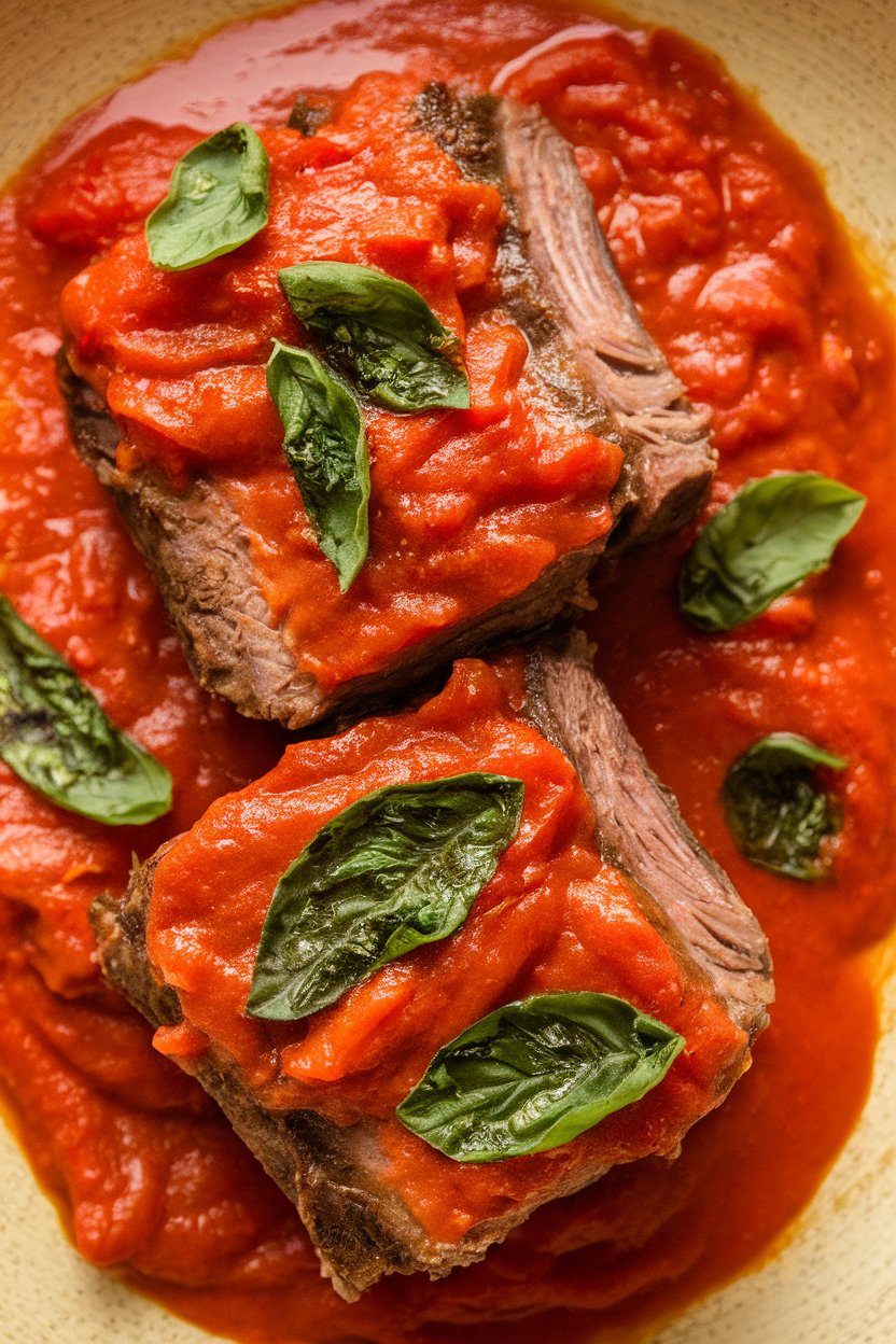 Indoor photo of short ribs in bright tomato sauce dotted with basil ribbons; no text or logos