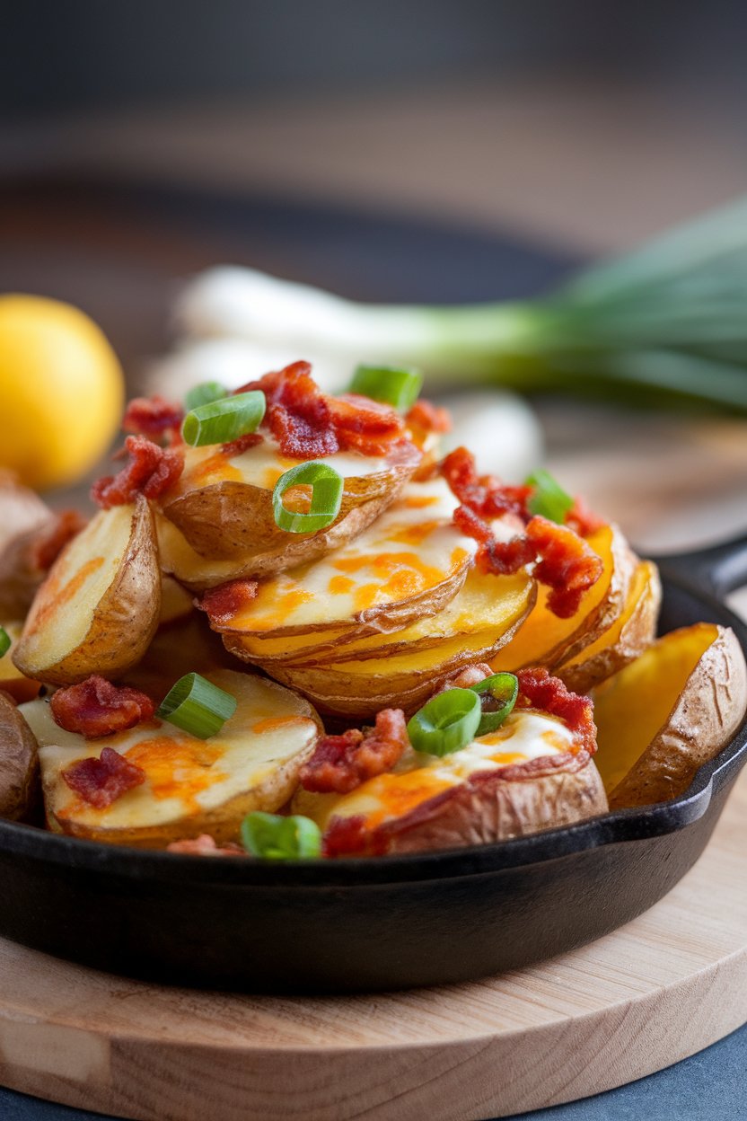 An indoor cast-iron skillet topped with layered potato rounds, melted cheese, bacon bits, and scallions. No text or logos.
