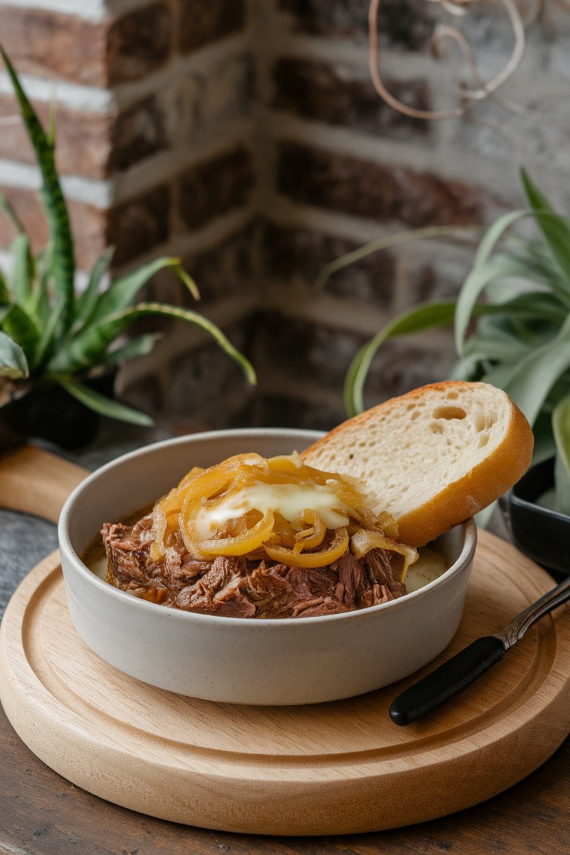 Indoor scene with a bowl of pot roast topped with caramelized onions and melted Gruyère, bread slice on the side. No text or logos.