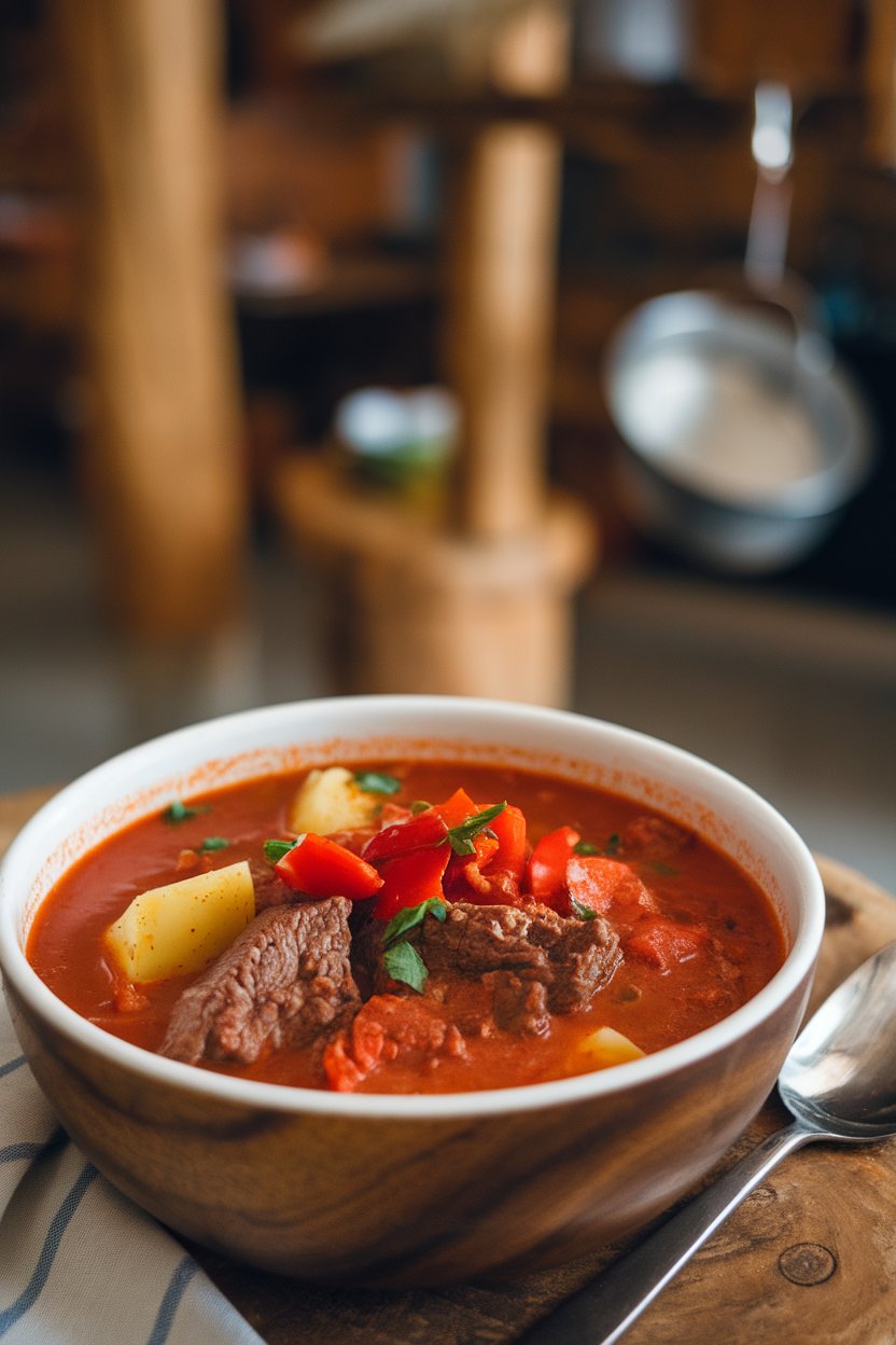 Indoor bowl of goulash soup—beef chunks, red bell peppers, and potatoes in paprika-rich red broth. No text or logos. Photo.