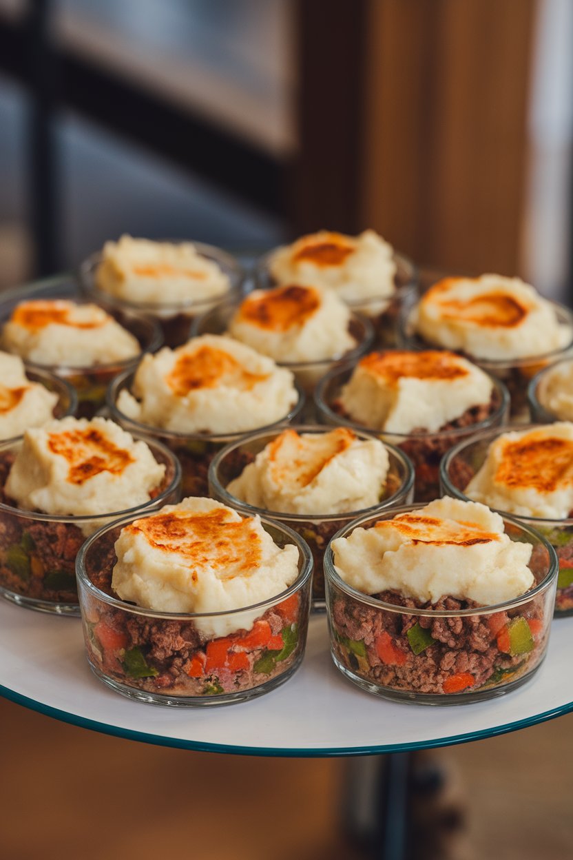 Photo indoors of small glass dishes filled with ground beef and veggie filling, topped with mashed potatoes lightly browned, no text.