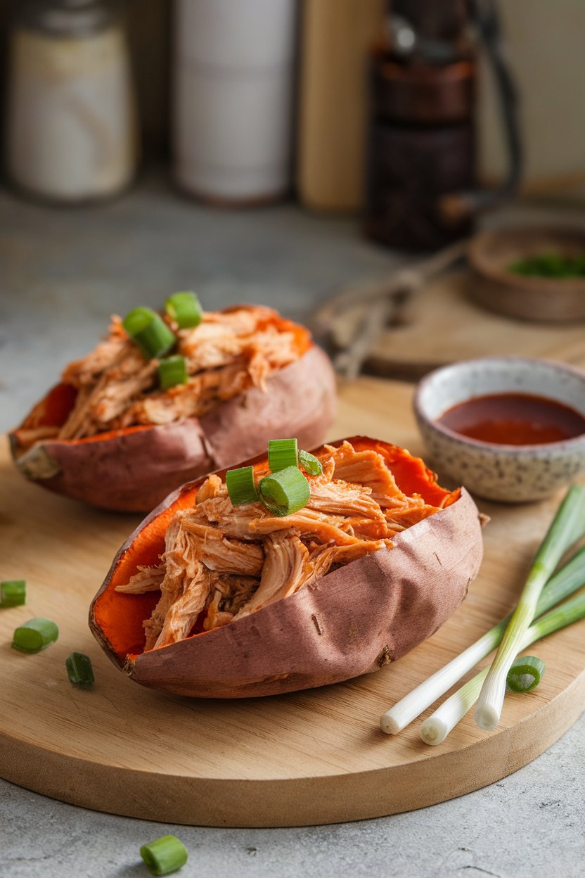 An indoor casual dining setup showcasing halved roasted sweet potatoes filled with shredded BBQ chicken and a sprinkle of scallions; no text or logos. Photo only.