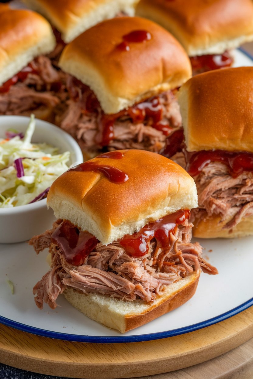 Indoor photo of a platter of pulled pork sliders on soft brioche buns, barbecue sauce glistening, a small bowl of tangy slaw nearby. No text or logos.
