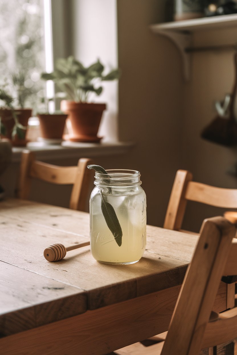 Indoor rustic kitchen scene with a mason jar of pale yellow lemonade, sage leaf floating, honey dipper nearby. No text or logos.