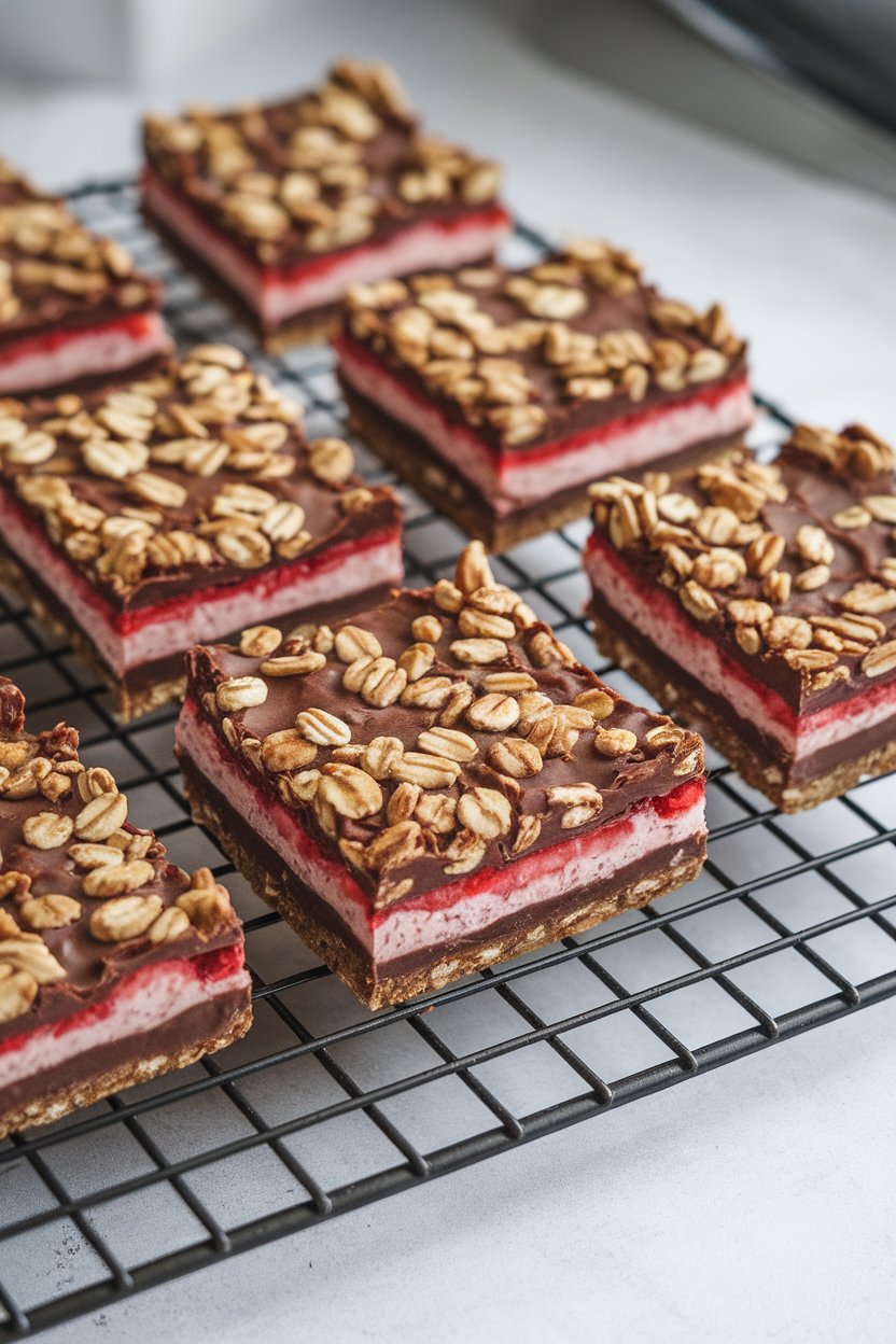 Indoor photo of square oat bars with a chocolate base and strawberry layer on cooling rack, no text or logos