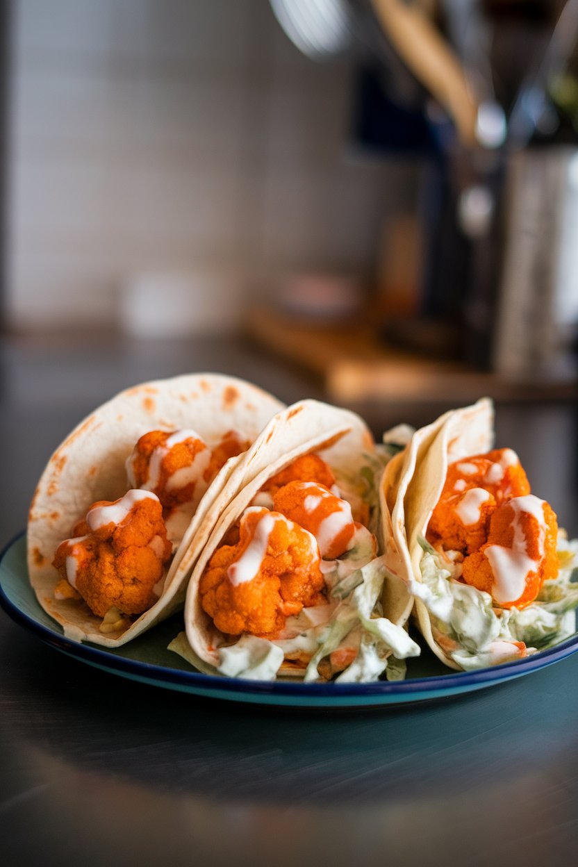 A plate on an indoor counter featuring soft tortillas filled with buffalo-sauced cauliflower bites and crunchy ranch-dressed slaw. No text or logos. Photo only.