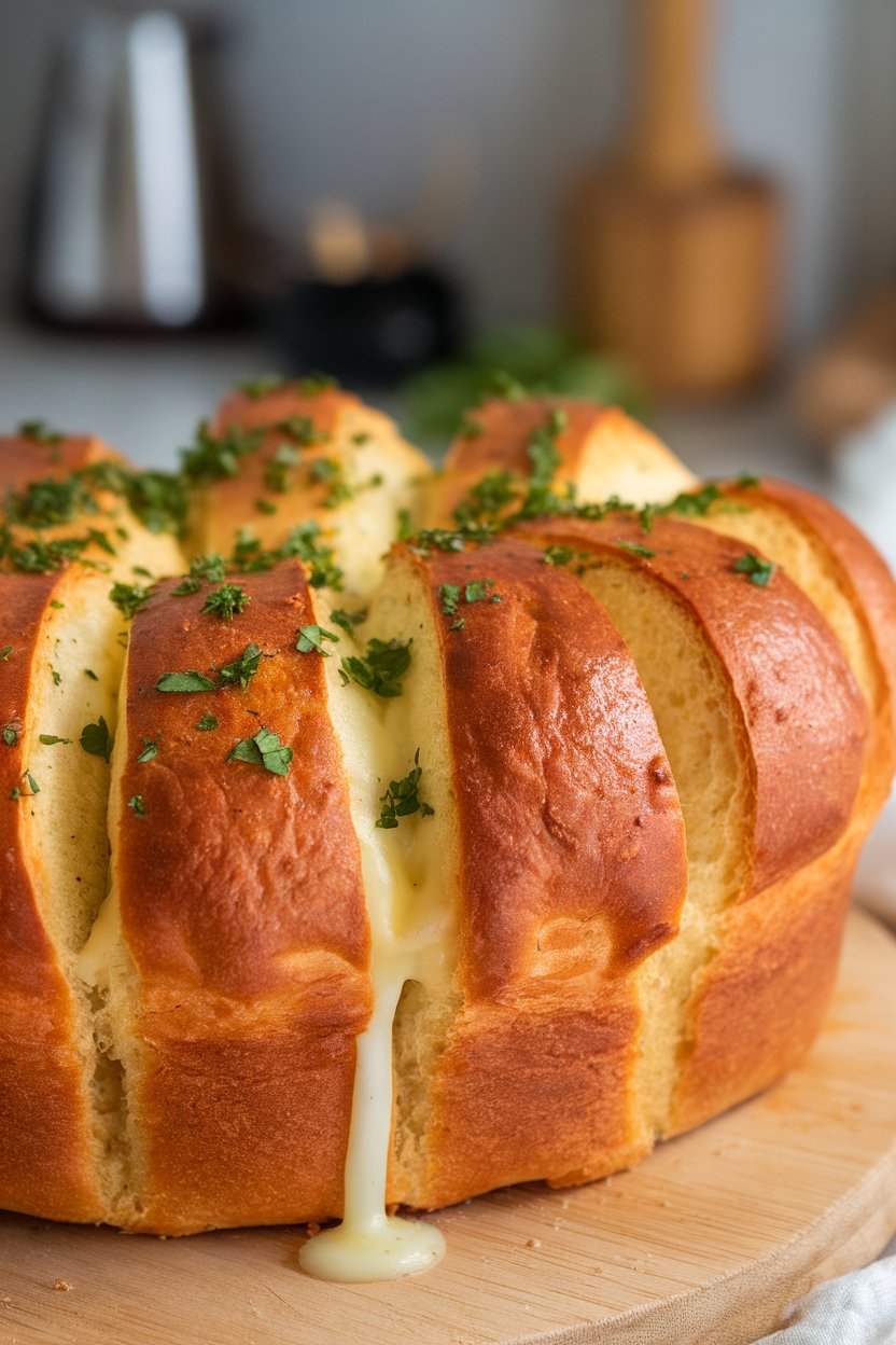 Indoor loaf of pull-apart bread with melted cheese oozing between scored slices, parsley sprinkled on top. No text or logos.