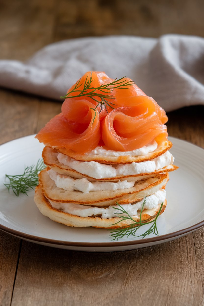 Indoor photo of small cooked blini stacked with cream cheese and smoked salmon ribbons, garnished with dill, no text or logos