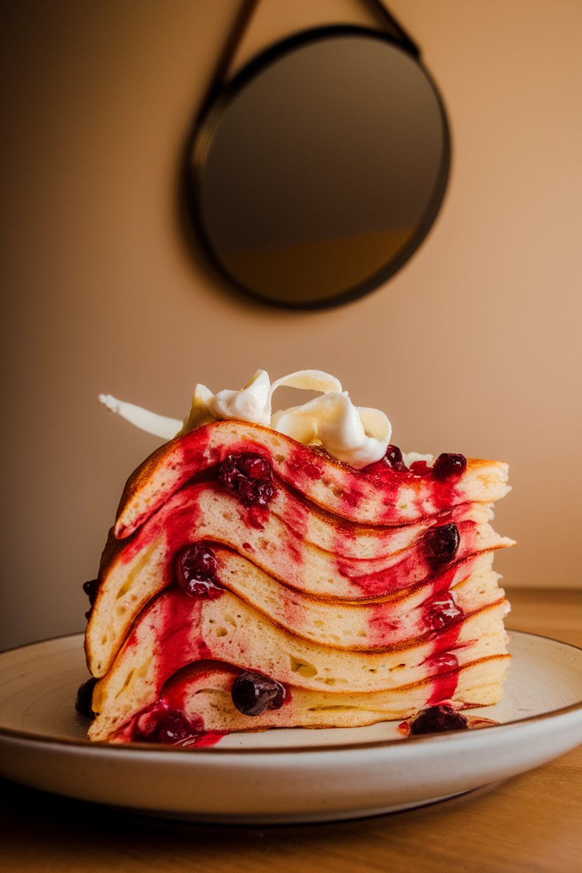 Pancake slice swirled with berry sauce and cream-cheese ribbons, indoor brunch setting, no text or logos.