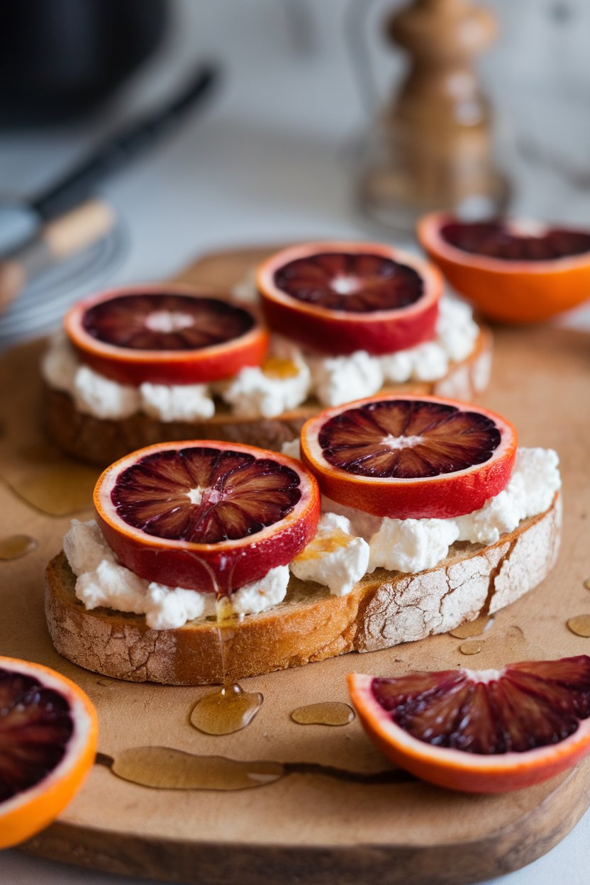 Indoor photo of crusty toast spread with ricotta and layered with blood orange segments, drizzled with honey, no text or logos