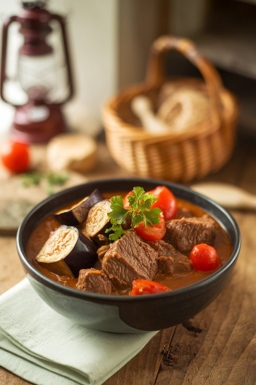 Indoor table featuring a bowl of beef stew with tender eggplant cubes, tomatoes, and parsley. No text or logos. Photo.