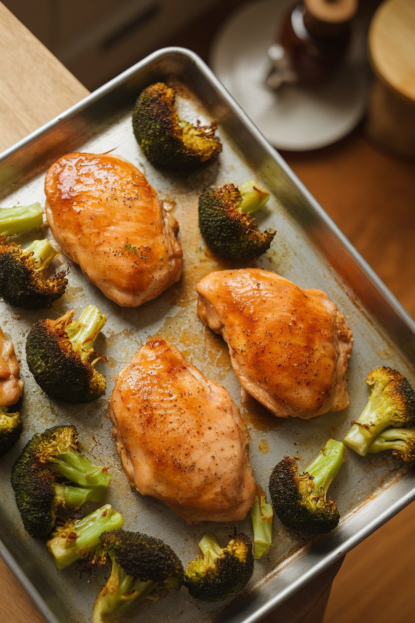 Indoor photo featuring a sheet pan of glazed chicken breasts with a glossy honey-garlic coating, flanked by bright-green roasted broccoli florets. Overhead angle, warm light, no text or logos.