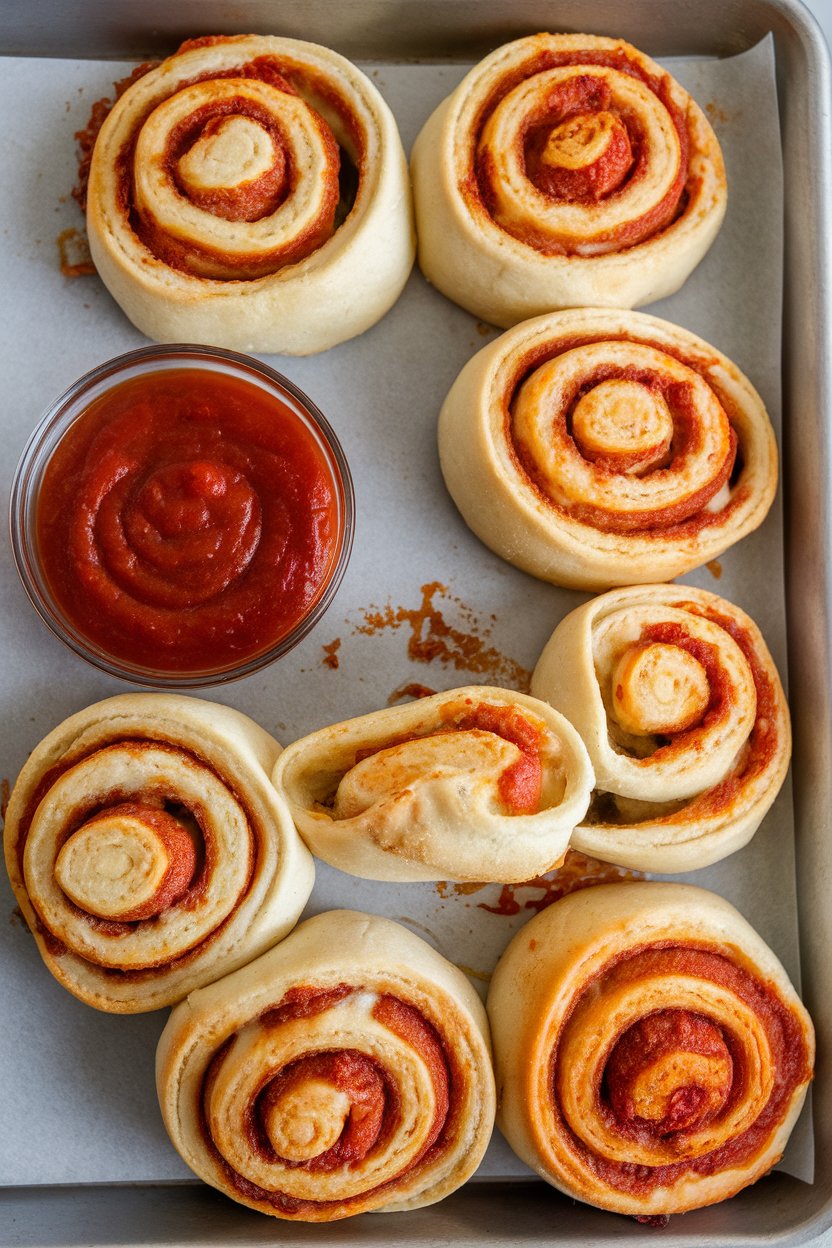 Indoor photo of spiraled pizza rolls on a baking sheet, cheese oozing slightly, with a side dish of marinara for dipping. No visible text or branding.