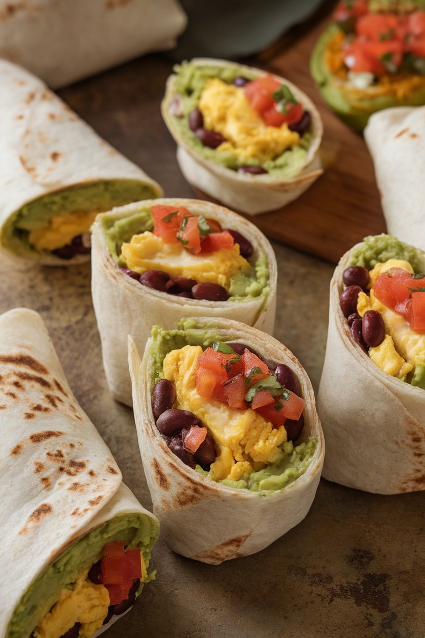 Indoor table scene with halved wraps showing mashed avocado, black beans, scrambled egg, and salsa, no visible branding.