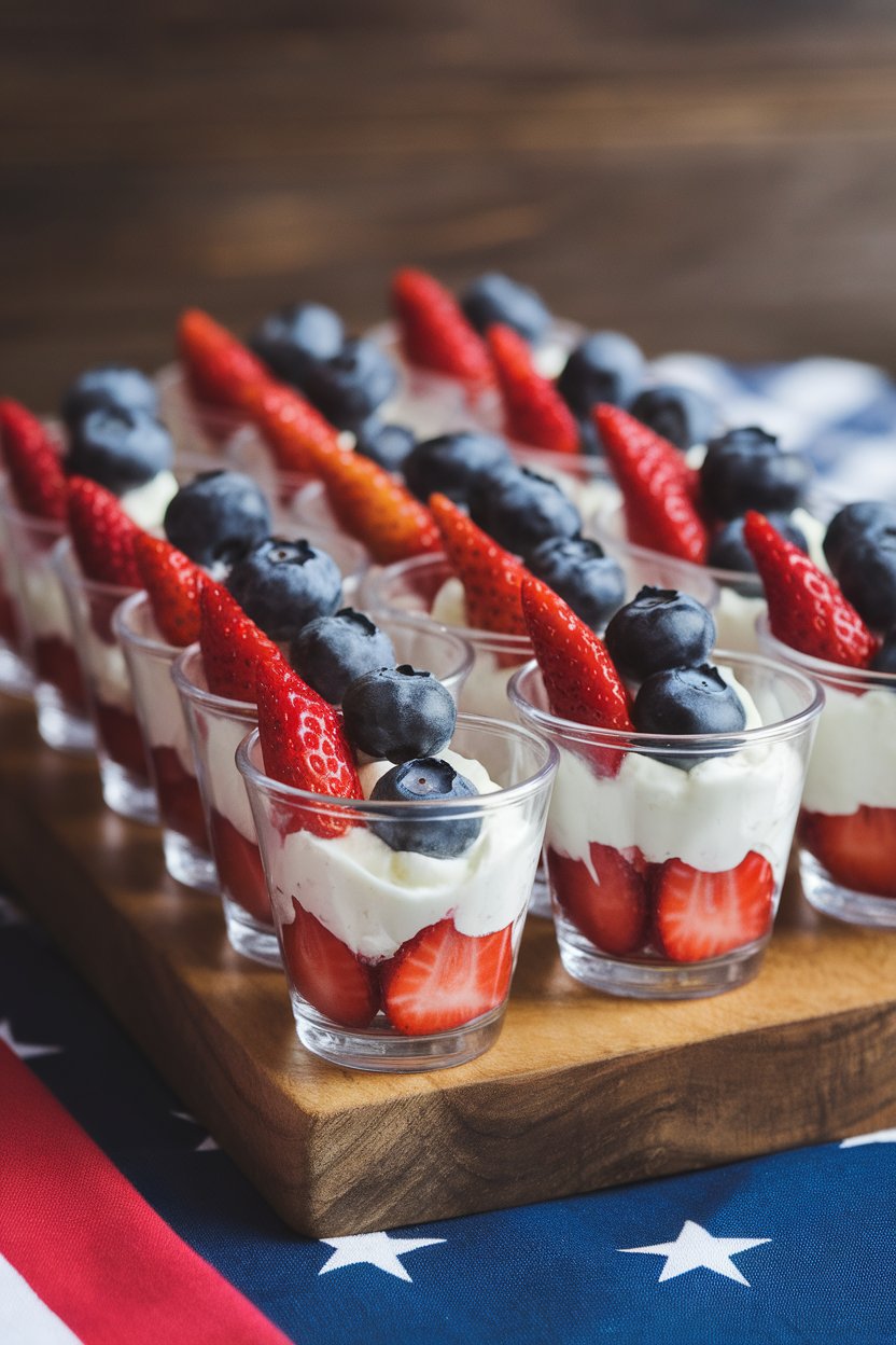 Indoor row of small clear cups layered with strawberries, whipped cream, and blueberries, patriotic color scheme. No text or logos; photo, not illustration.