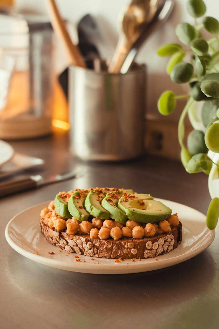 Indoor breakfast counter with whole-grain toast topped with mashed chickpeas, sliced avocado, and chili flakes. No text or logos on plate.