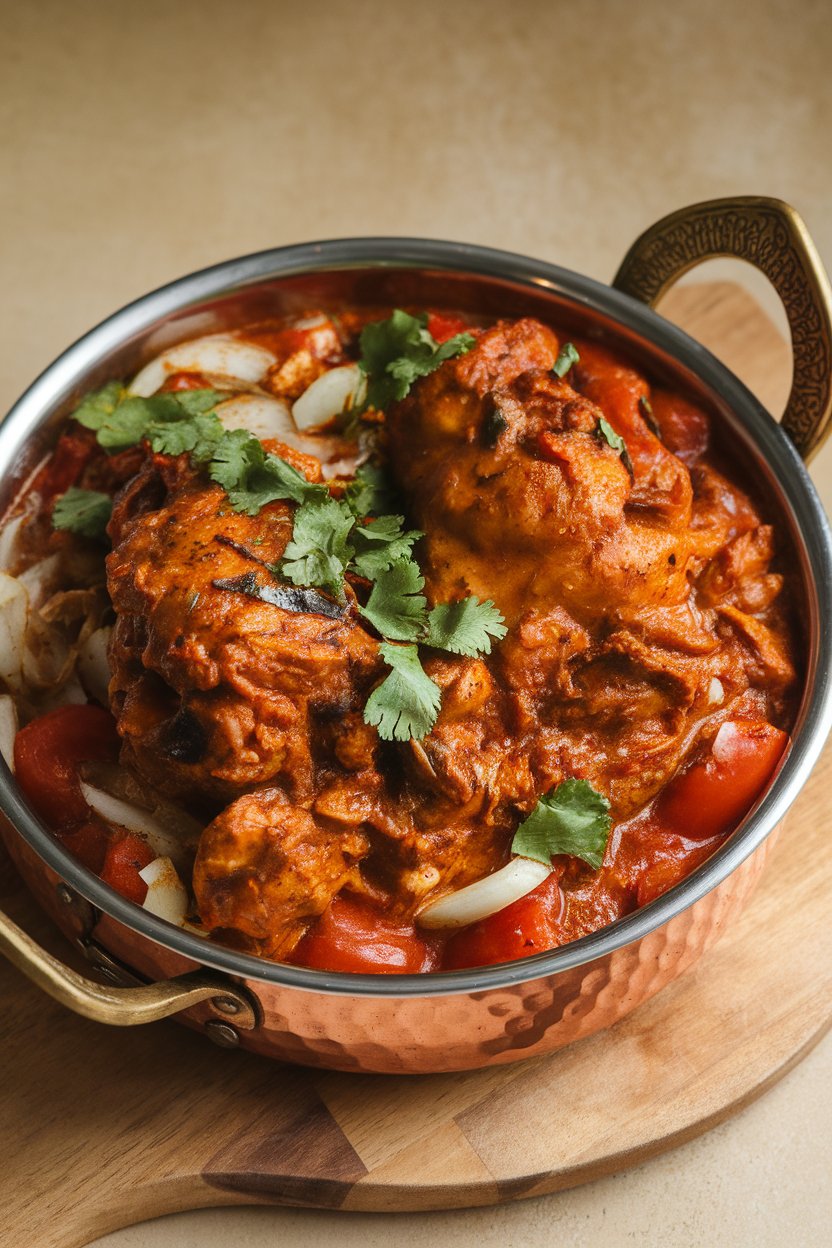 Indoor copper bowl of thick, richly spiced chicken bhuna garnished with cilantro. No logos.