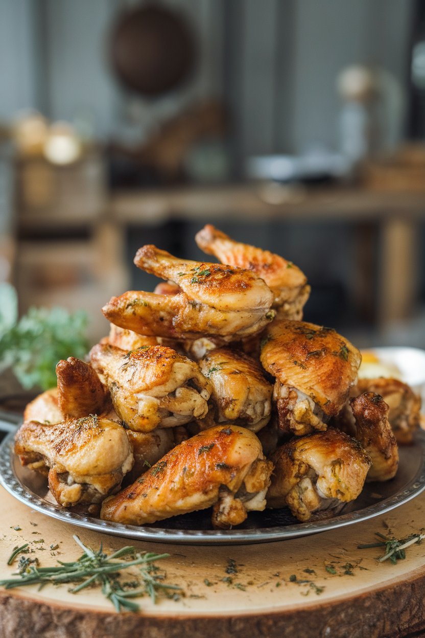 Photo of golden roasted chicken wings with visible herb flecks, piled on a platter indoors. No text or logos.
