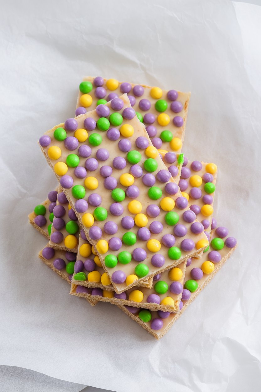 Indoor photo of rectangular snack bars studded with purple, green, and yellow candies, stacked on parchment; no text or logos