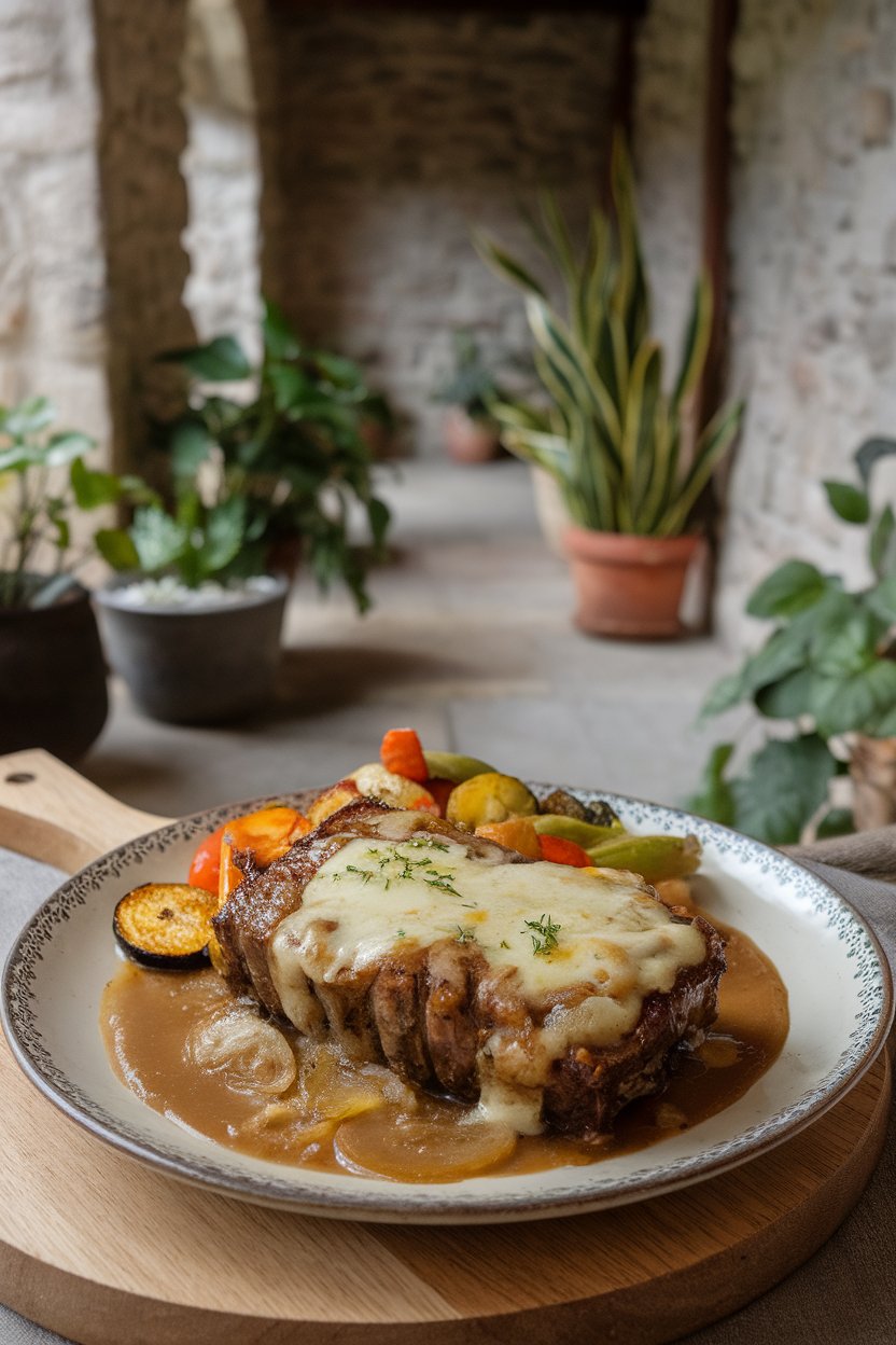 Indoor photo of short ribs nestled in caramelized onion gravy, topped with melted Gruyère; no text or logos