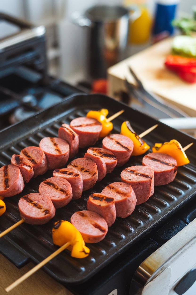 Indoor grill-pan scene featuring skewers of sliced andouille sausage alternated with bell pepper chunks, char marks visible. Photo, no text or logos.