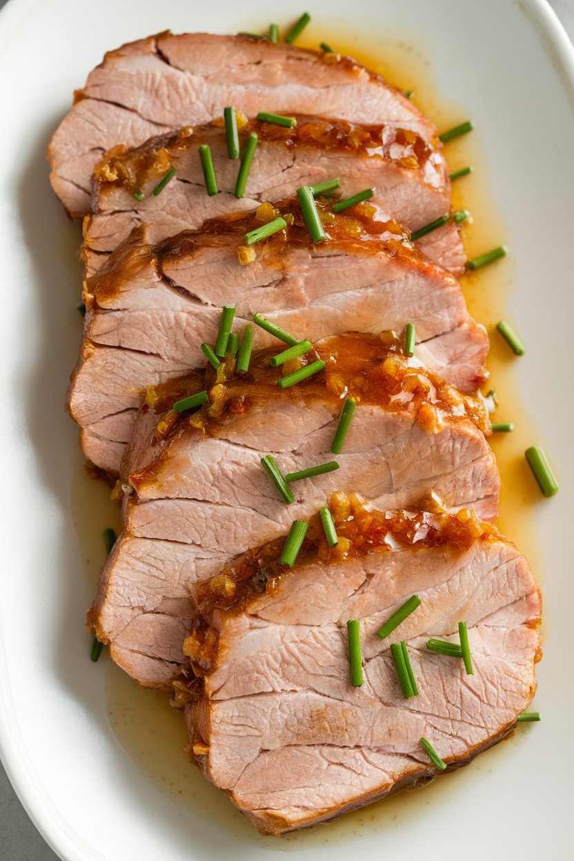 Indoor photo of sliced pork tenderloin medallions glazed with a shiny honey garlic sauce, garnished with chopped chives, no text or logos