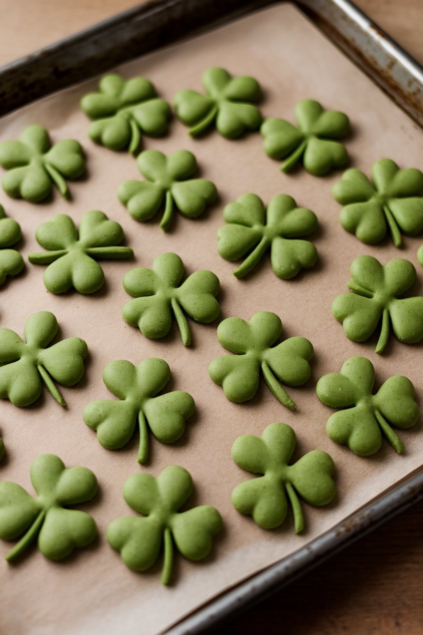 Indoor photo of green three-leaf clover crackers on a baking sheet, no text or logos