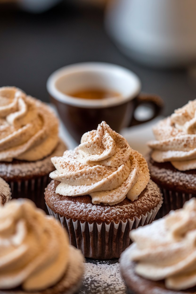 Photo of cappuccino-colored cupcakes dusted generously with powdered sugar, small espresso cup blurred in background, shot indoors, no text or logos