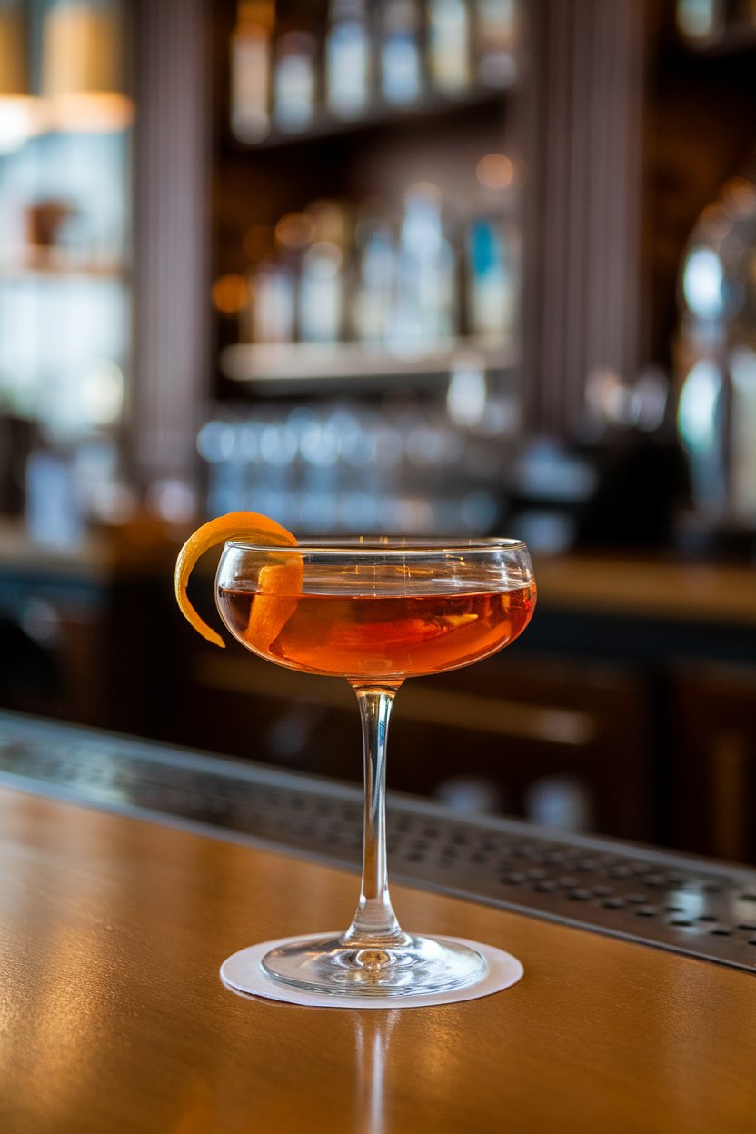 Indoor classic bar with a coupe of amber cocktail, half-sugared rim, orange twist, no text or logos, photo