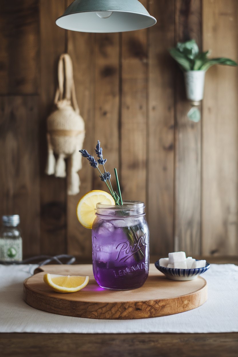 An indoor summer-themed bar with mason jar of purple lemonade, lavender sprig, slice of lemon floating; photo, not illustration; no text or logos.