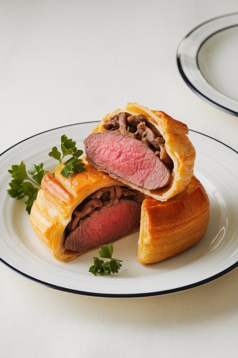 Indoor photo of a small, golden puff pastry parcel cut open to reveal medium-rare beef and mushroom duxelles, served on a dinner plate, no text or logos