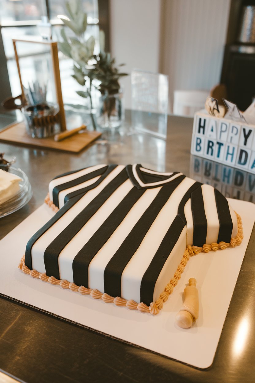 A well-lit indoor counter with a sheet cake carved into a jersey shape, iced in alternating black and white vertical stripes, small whistle candy on the side—no text or logos.