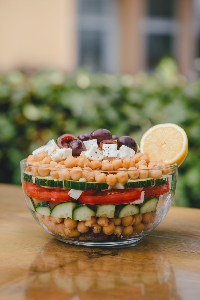 An indoor tabletop with a wide bowl layered with chickpeas, cucumber, tomatoes, olives, feta, and a lemon wedge; drizzle of dressing visible. No logos or text. Photograph.