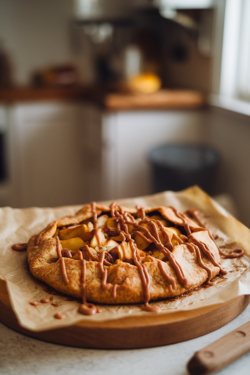 Indoor photo of a rustic apple galette with praline drizzle, baked on parchment, spatula nearby. No text or logos present.