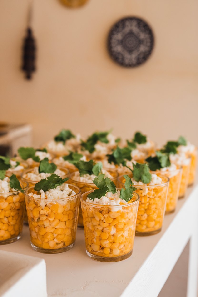 Photo of small cups filled with esquites (street corn salad) topped with cotija and cilantro, arranged indoors. No text or logos.