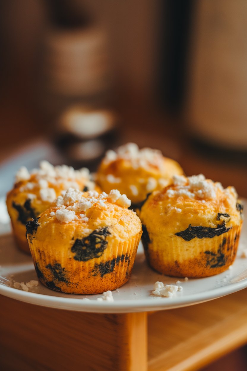 Photo of a white plate holding three mini egg muffins studded with spinach and crumbled feta, warm indoor lighting highlighting the golden tops. No text or logos.