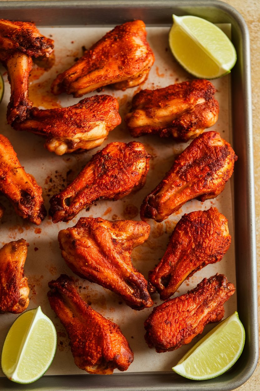 Indoor photo of bright orange tandoori-spiced wings on a tray, lime wedges scattered around. No text or logos.