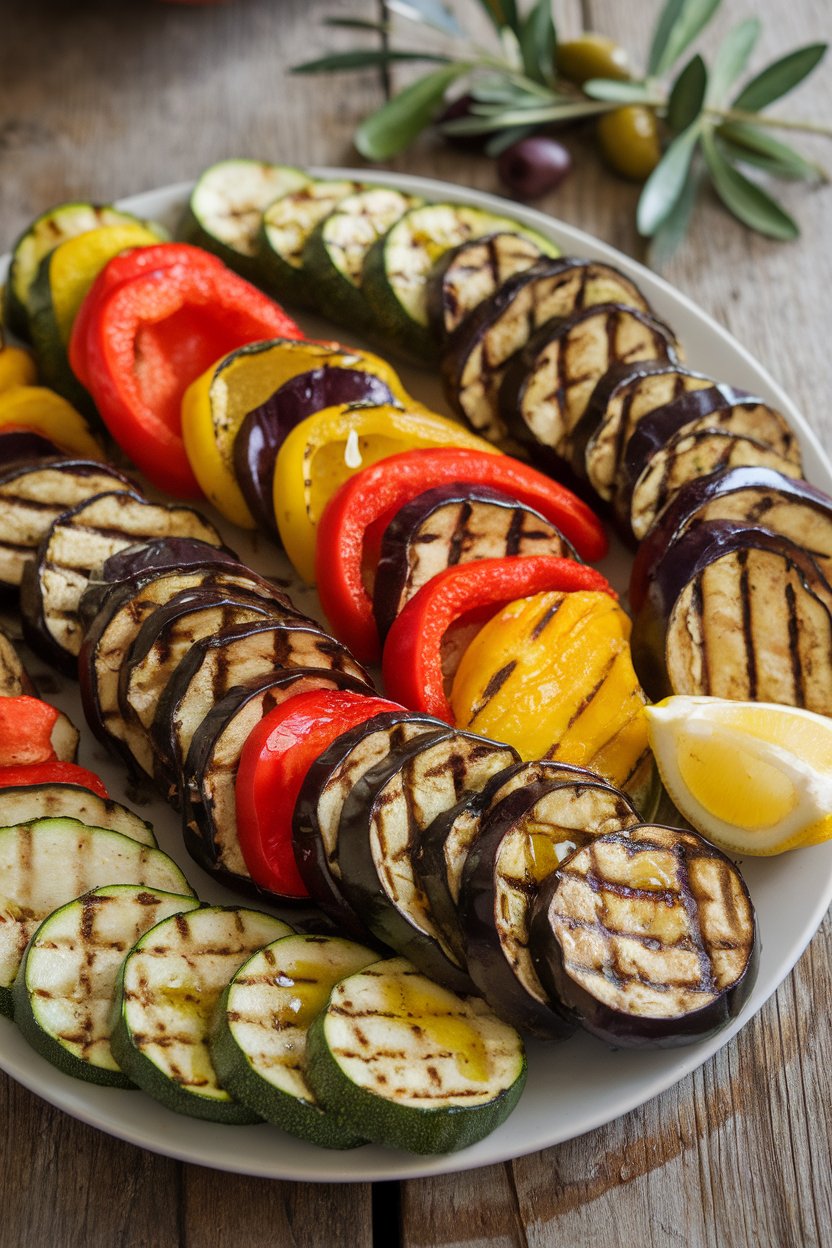 Indoor platter featuring grilled zucchini, bell peppers, and eggplant drizzled with olive oil, no text or logos. Photo only.