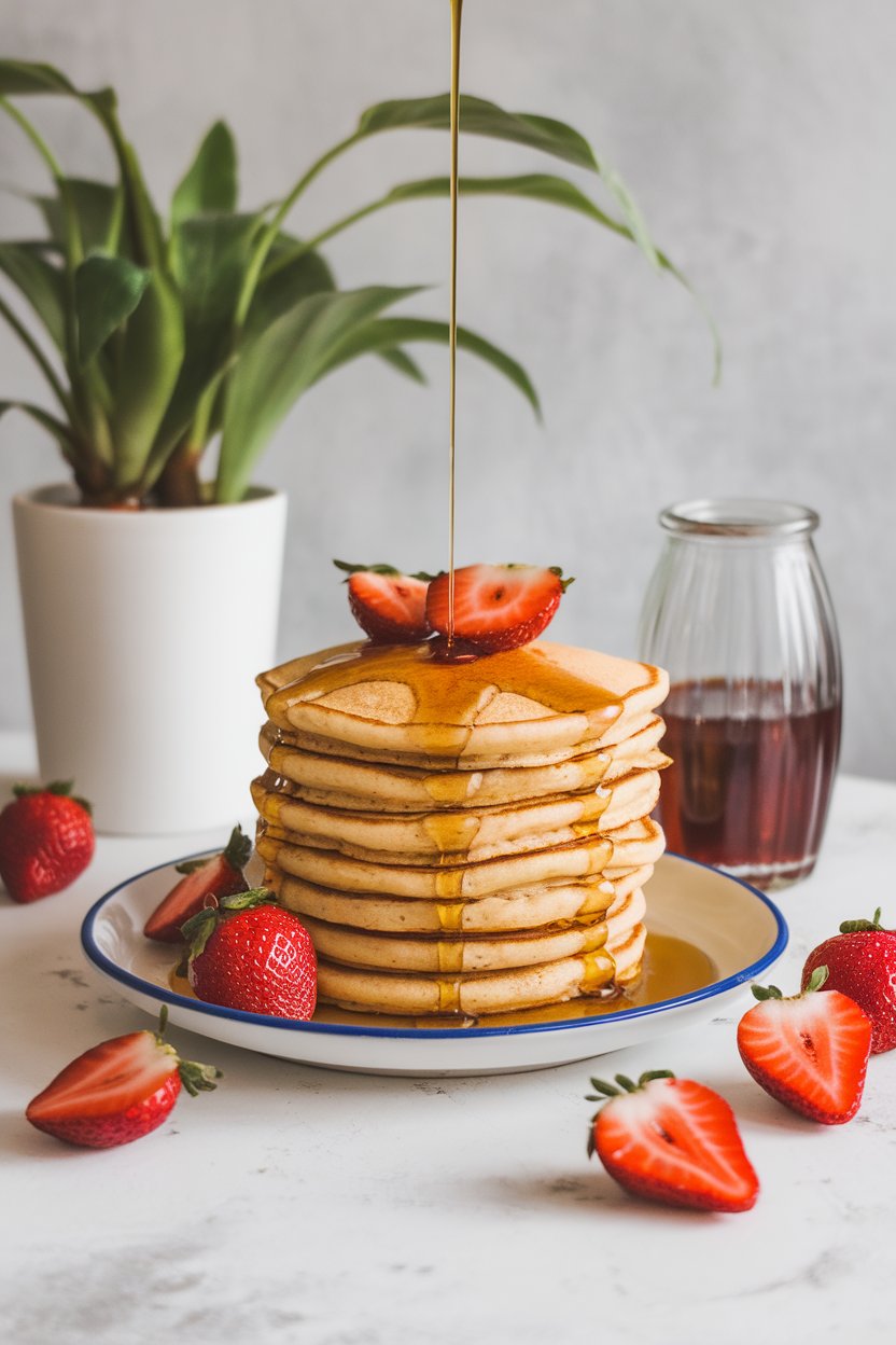 Indoor breakfast table showing a short stack of golden protein pancakes drizzled with syrup, sliced strawberries scattered around. No text or logos; photo only.