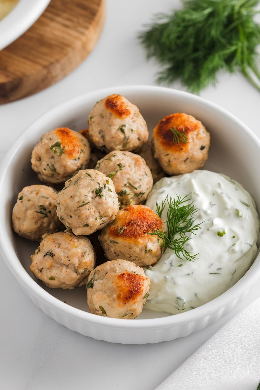 Indoor photo of small chicken meatballs flavored with herbs, served in a white dish alongside tzatziki. No text or logos present.