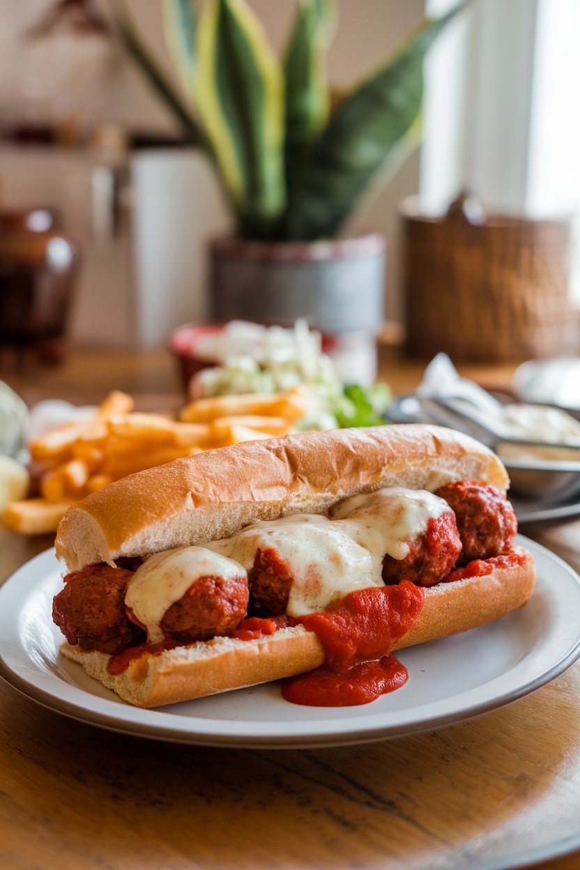 A cozy indoor scene with a sub roll stuffed with saucy meatballs and melted provolone, marinara dripping invitingly; photo only, no text or logos.