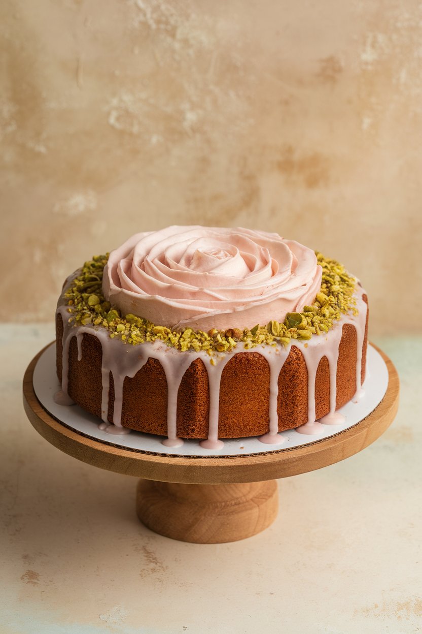 Indoor image of a king cake with pale pink rose glaze, crushed pistachios on top; no text or logos.