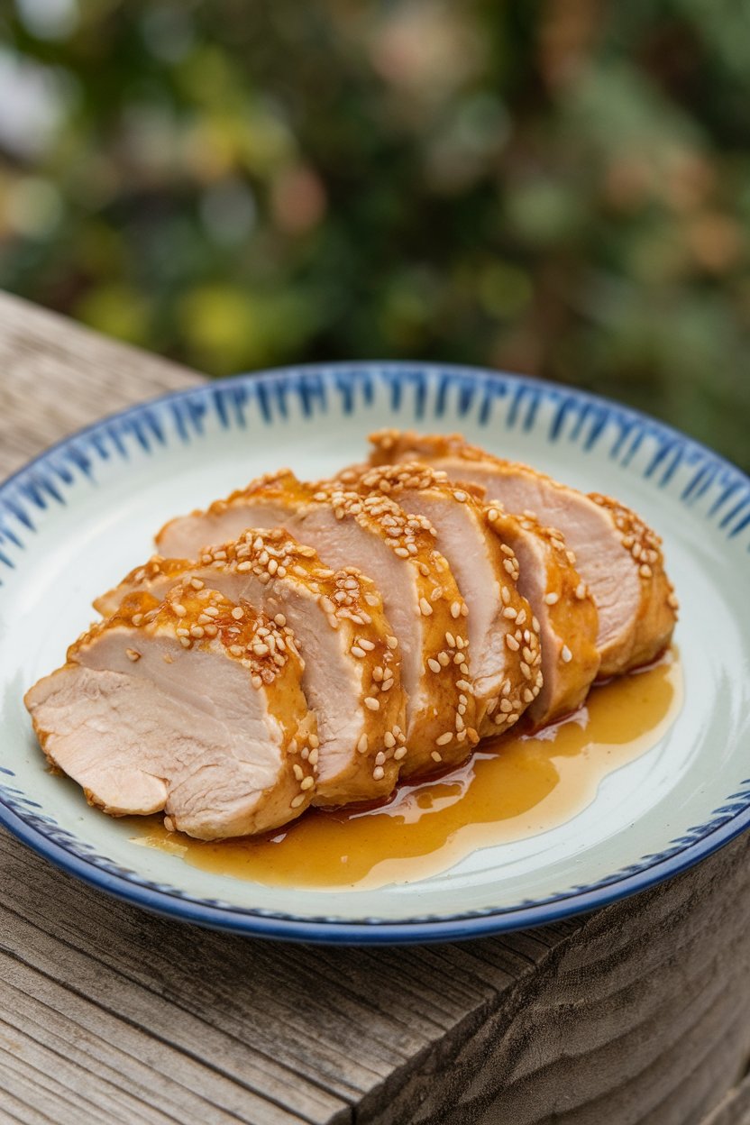 Indoor plate showing sliced chicken breast glazed with light brown miso-ginger sauce, sesame seeds sprinkled; no text or logos; photo only.