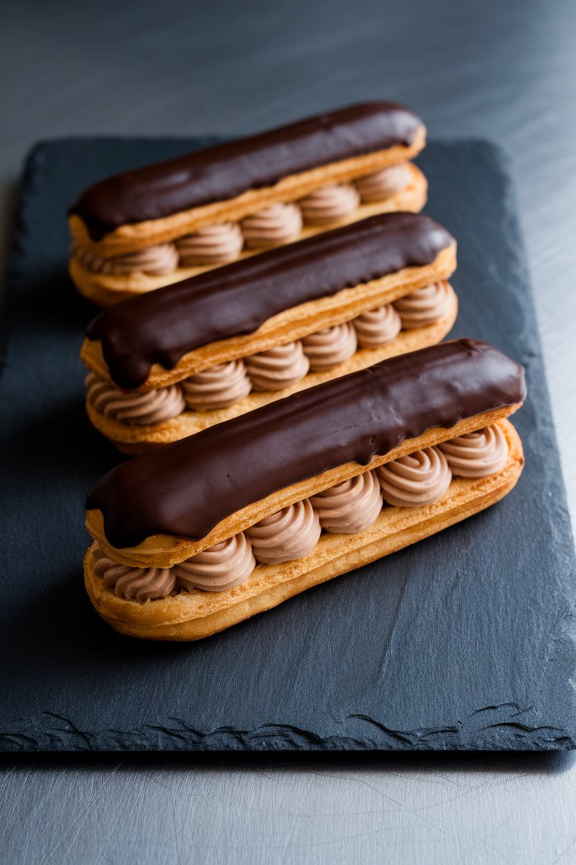 Photo of three éclairs filled with espresso pastry cream, glazed with dark chocolate, resting on an indoor slate board. No text or logos in sight.