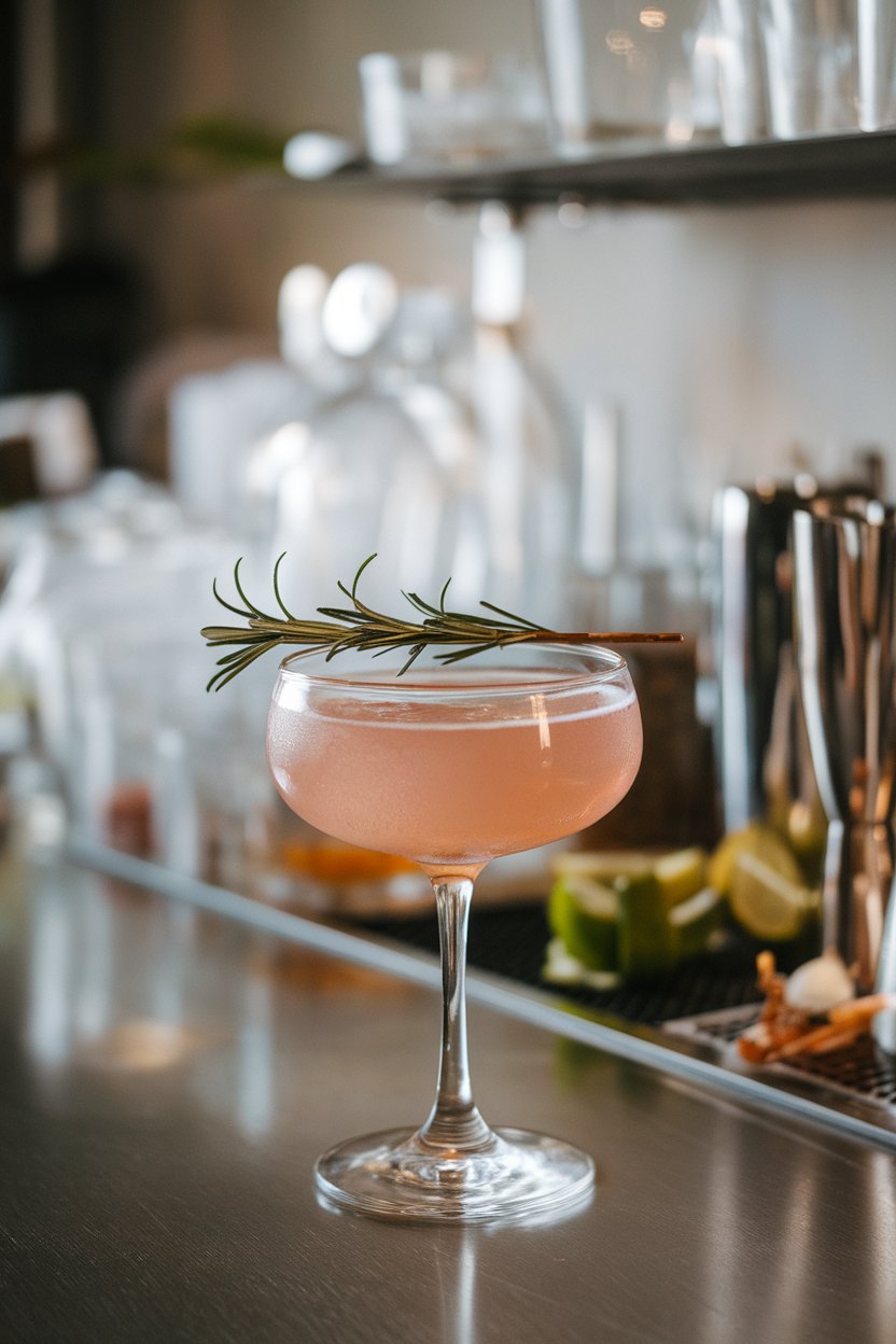 An indoor mixology station showing coupe glass of blush gimlet and a tiny rosemary spear balanced across rim; photo, not illustration; no text or logos.