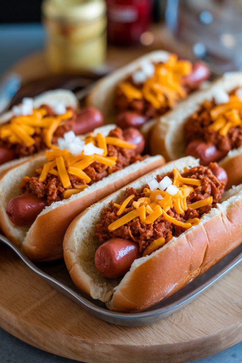 Indoor platter holding hot dogs nestled in buns, topped with beef chili and shredded cheese, a few diced onions sprinkled. No text or logos.